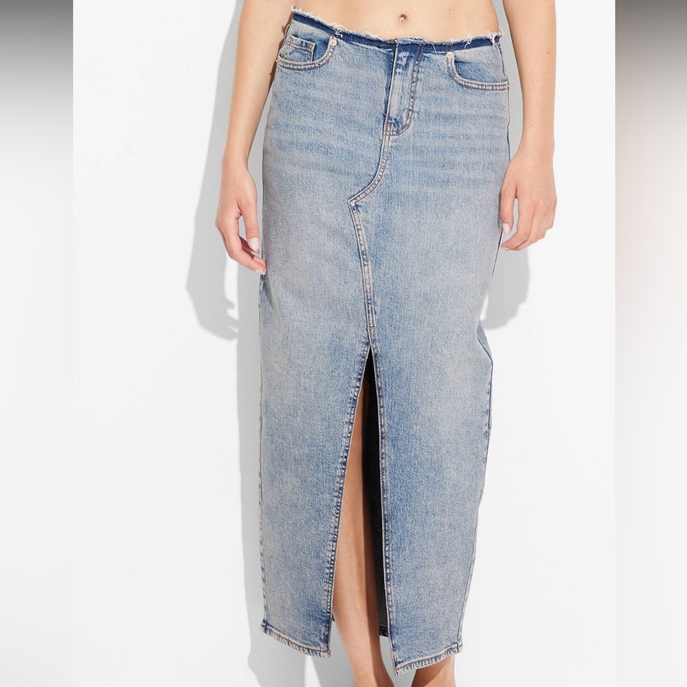 Blue Denim Midi Skirt with Front Slit - Picture 2 of 3